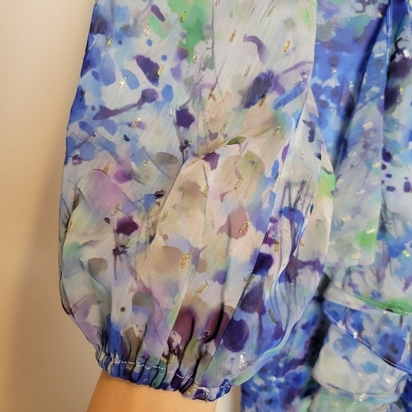 NWT Adrianna Papell Abstract Floral Metallic Chiffon Blue High-Low Dress Size 10 - Picture 10 of 16